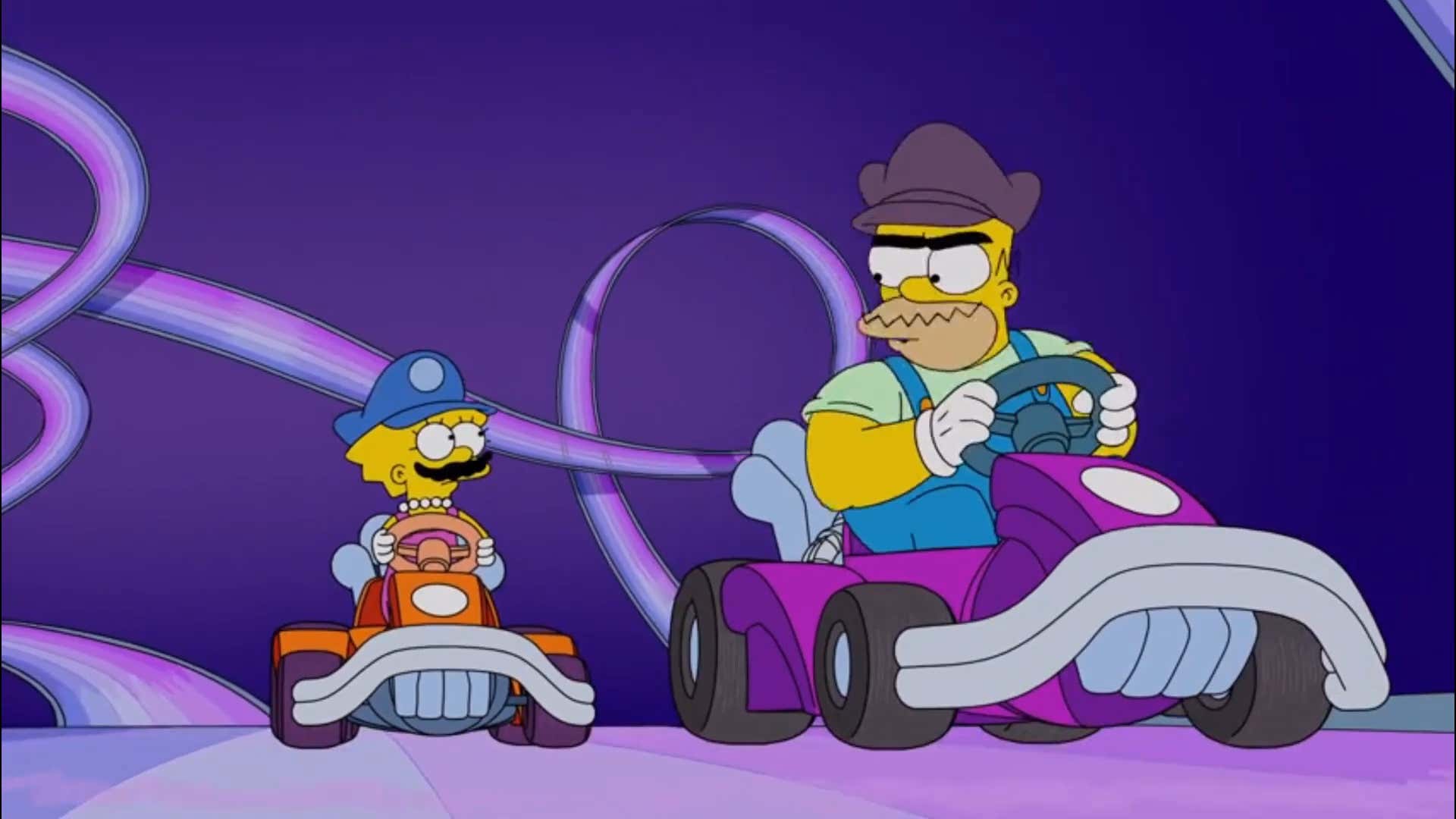 A screenshot shows Lisa as Mario and Homer as Wario in The Simpsons. 
